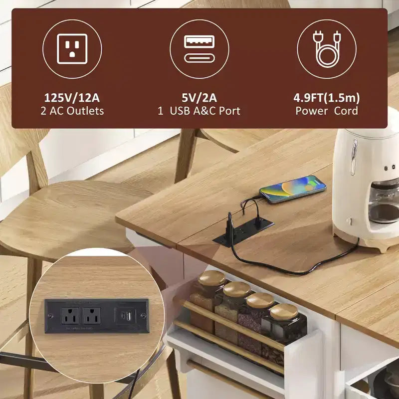 Fluted Kitchen Island with 2 Drop Leaf, Kitchen Storage Cart with Charging Station, Spice Rack, Storage Cabinet for Kitchen, Dining Room
