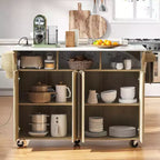 Fluted Kitchen Island with 2 Drop Leaf, Kitchen Storage Cart with Charging Station, Spice Rack, Storage Cabinet for Kitchen, Dining Room