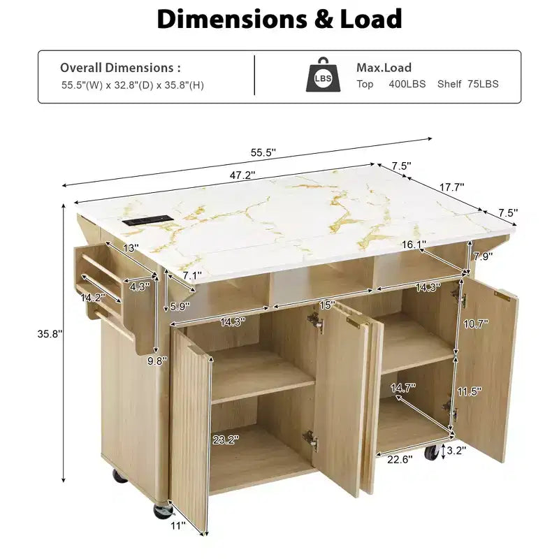 Fluted Kitchen Island with 2 Drop Leaf, Kitchen Storage Cart with Charging Station, Spice Rack, Storage Cabinet for Kitchen, Dining Room