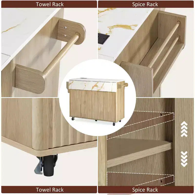 Fluted Kitchen Island with 2 Drop Leaf, Kitchen Storage Cart with Charging Station, Spice Rack, Storage Cabinet for Kitchen, Dining Room