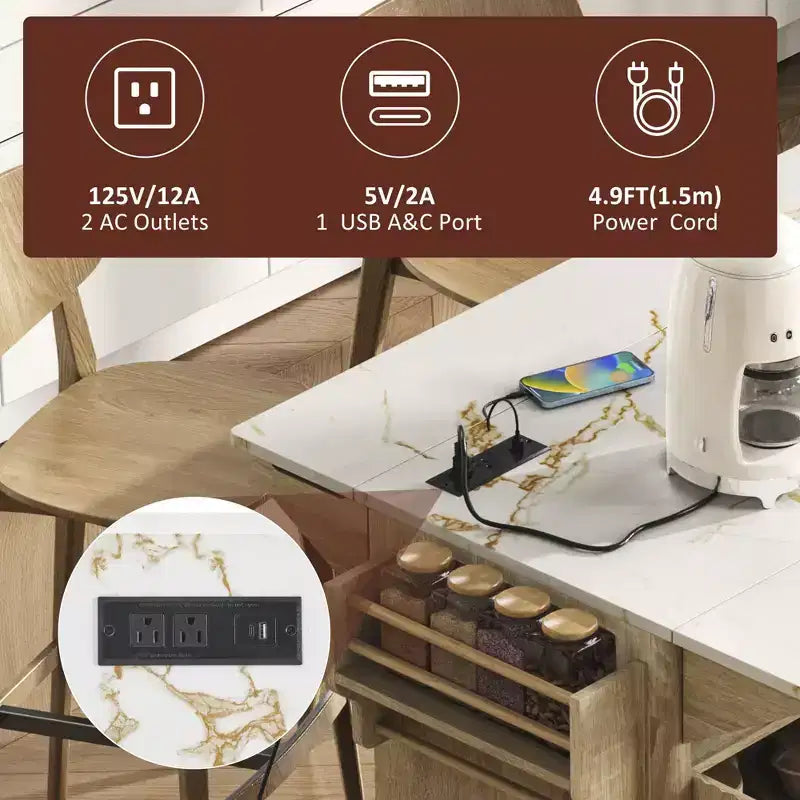 Fluted Kitchen Island with 2 Drop Leaf, Kitchen Storage Cart with Charging Station, Spice Rack, Storage Cabinet for Kitchen, Dining Room