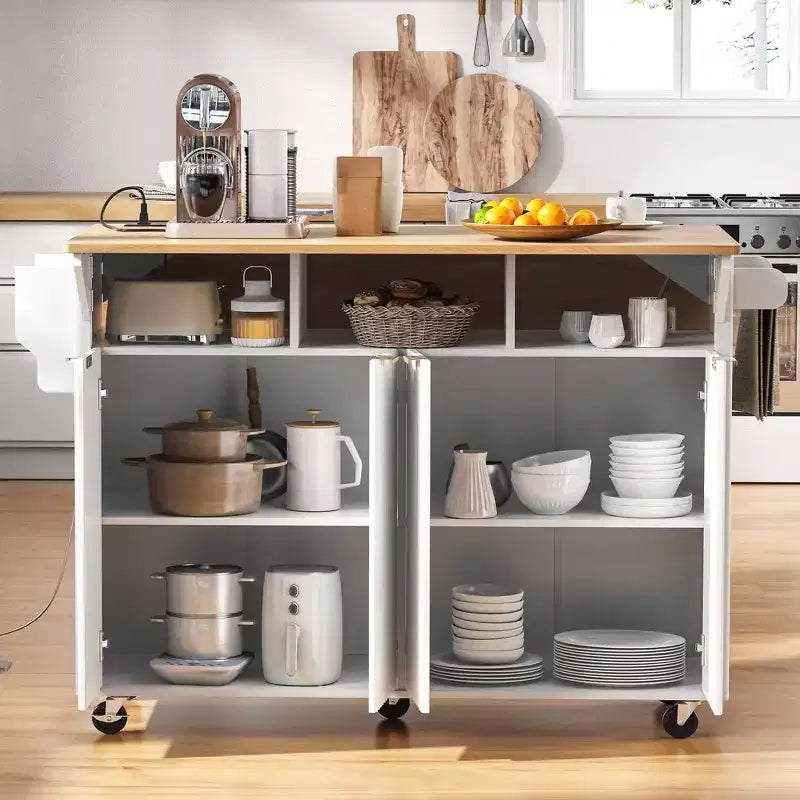 Fluted Kitchen Island with 2 Drop Leaf, Kitchen Storage Cart with Charging Station, Spice Rack, Storage Cabinet for Kitchen, Dining Room