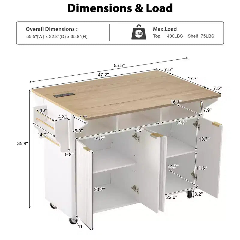 Fluted Kitchen Island with 2 Drop Leaf, Kitchen Storage Cart with Charging Station, Spice Rack, Storage Cabinet for Kitchen, Dining Room