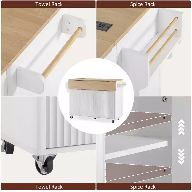 Fluted Kitchen Island with 2 Drop Leaf, Kitchen Storage Cart with Charging Station, Spice Rack, Storage Cabinet for Kitchen, Dining Room