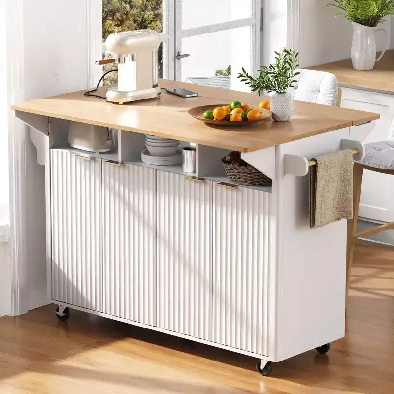 Fluted Kitchen Island with 2 Drop Leaf, Kitchen Storage Cart with Charging Station, Spice Rack, Storage Cabinet for Kitchen, Dining Room