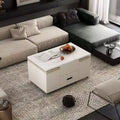 Modern lift-up coffee table with 4 stools, expandable design, hidden storage, 2 drawersspace-saving folding dining table for living room.
