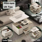 Modern lift-up coffee table with 4 stools, expandable design, hidden storage, 2 drawersspace-saving folding dining table for living room.