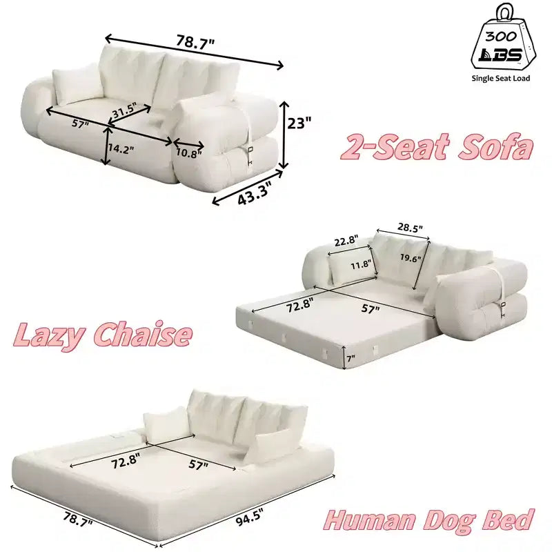 78.7 Multifunctional Foldable Sofa Bed, 3-in-1 Teddy Fabric Foam Filled Sleepder Sofa Bed Pink