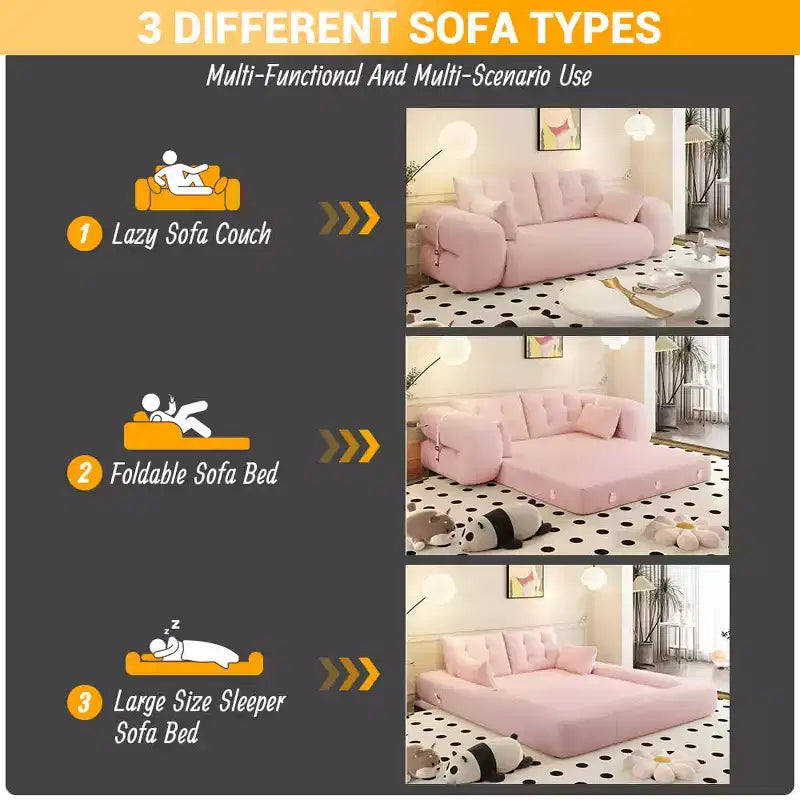 78.7 Multifunctional Foldable Sofa Bed, 3-in-1 Teddy Fabric Foam Filled Sleepder Sofa Bed Pink