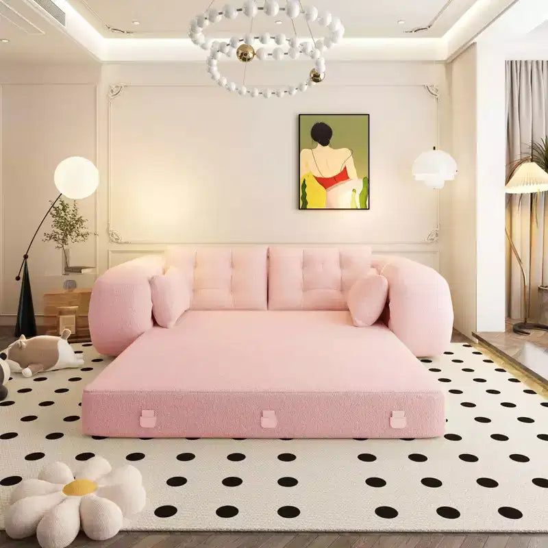 78.7 Multifunctional Foldable Sofa Bed, 3-in-1 Teddy Fabric Foam Filled Sleepder Sofa Bed Pink