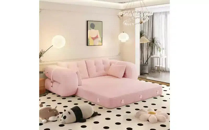 78.7 Multifunctional Foldable Sofa Bed, 3-in-1 Teddy Fabric Foam Filled Sleepder Sofa Bed Pink