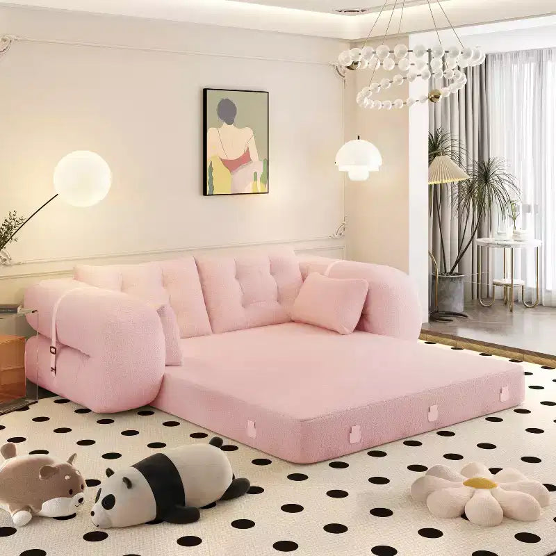78.7 Multifunctional Foldable Sofa Bed, 3-in-1 Teddy Fabric Foam Filled Sleepder Sofa Bed Pink