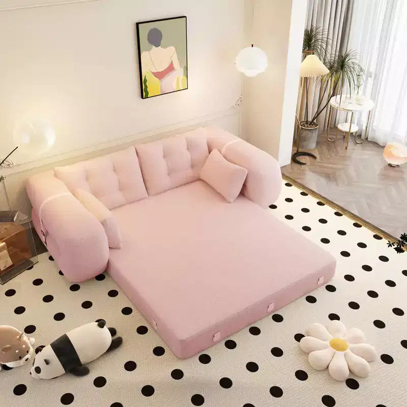 78.7 Multifunctional Foldable Sofa Bed, 3-in-1 Teddy Fabric Foam Filled Sleepder Sofa Bed Pink