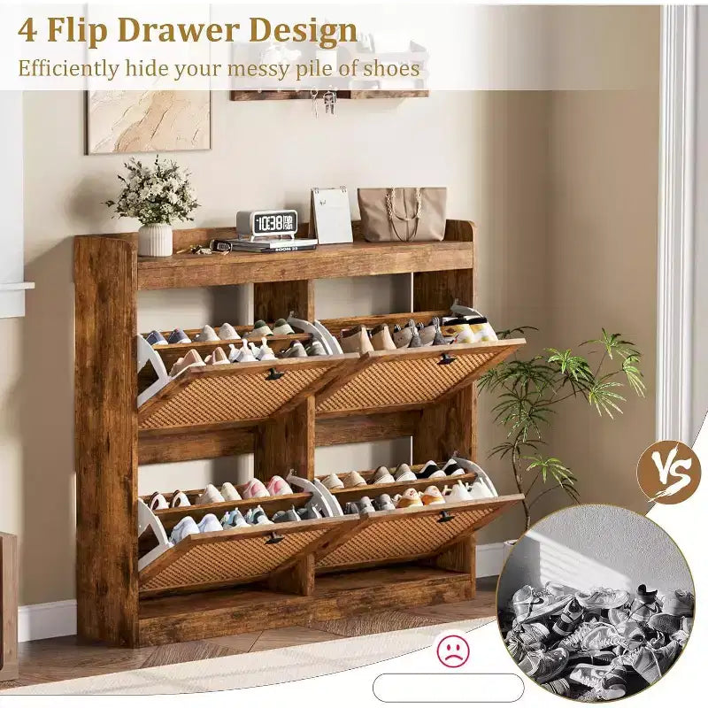 Shoe Cabinet Rattan with 4 Flip Drawers, Wooden Freestanding Shoe Organizer with Adjustable Shelves, Shoe Storage for Entryway, Closet, Hallway