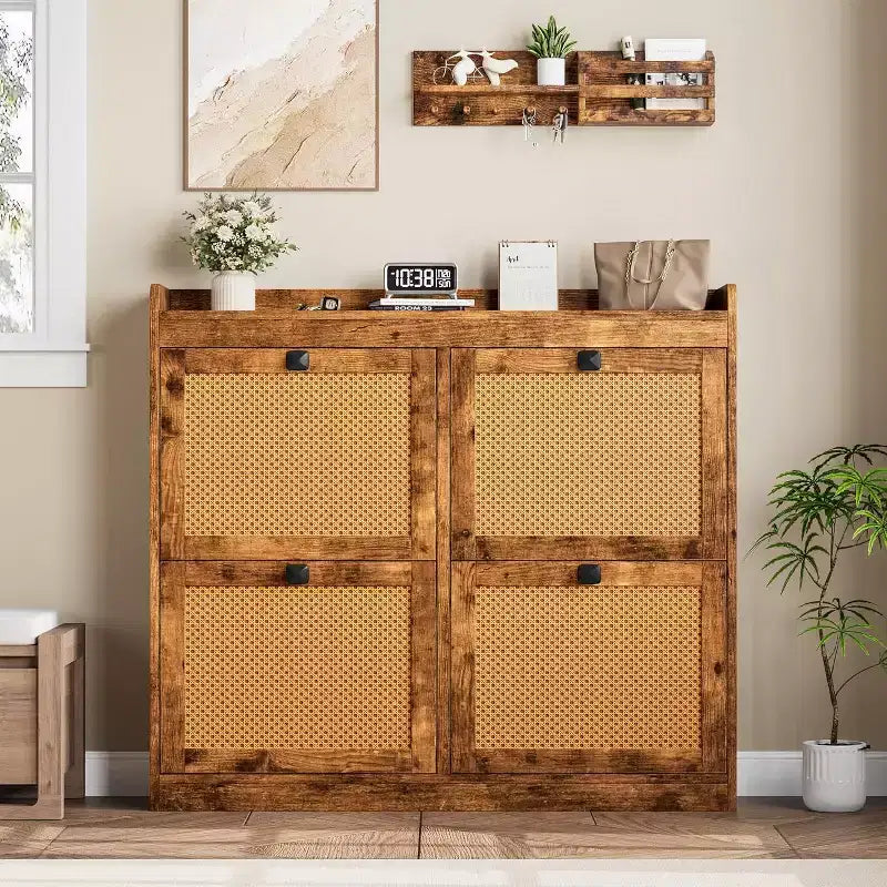 Shoe Cabinet Rattan with 4 Flip Drawers, Wooden Freestanding Shoe Organizer with Adjustable Shelves, Shoe Storage for Entryway, Closet, Hallway