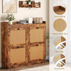 Shoe Cabinet Rattan with 4 Flip Drawers, Wooden Freestanding Shoe Organizer with Adjustable Shelves, Shoe Storage for Entryway, Closet, Hallway