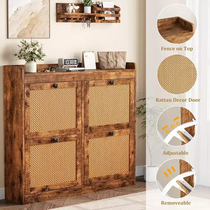 Shoe Cabinet Rattan with 4 Flip Drawers, Wooden Freestanding Shoe Organizer with Adjustable Shelves, Shoe Storage for Entryway, Closet, Hallway