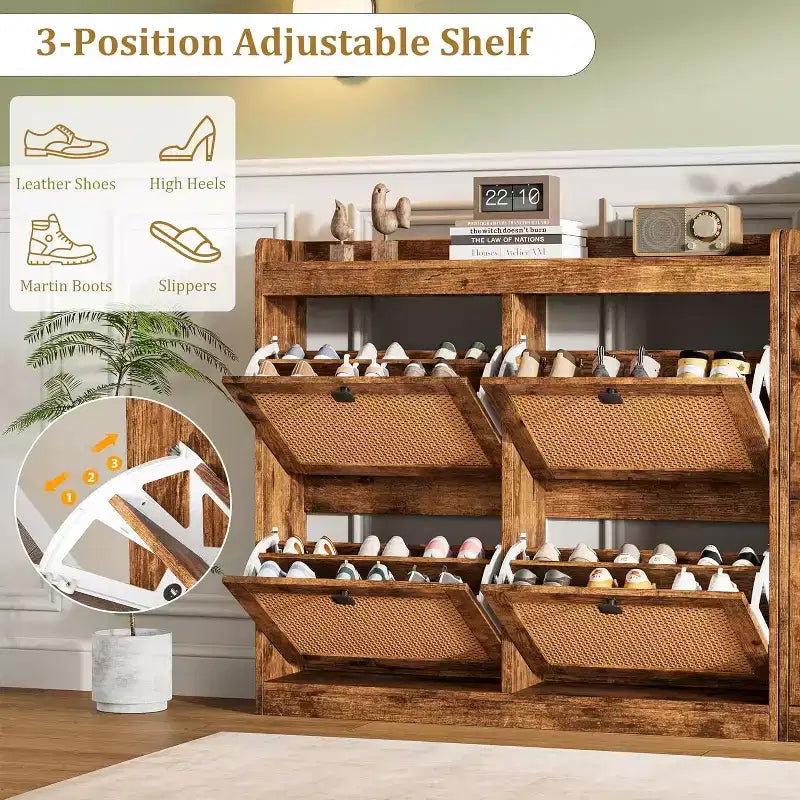 Shoe Cabinet Rattan with 4 Flip Drawers, Wooden Freestanding Shoe Organizer with Adjustable Shelves, Shoe Storage for Entryway, Closet, Hallway