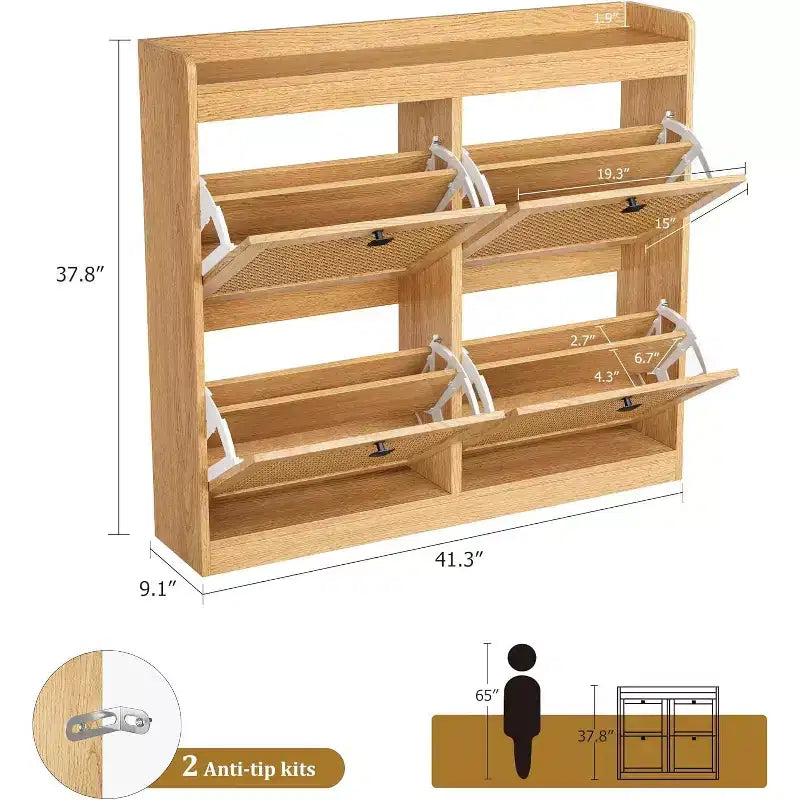 Shoe Cabinet Rattan with 4 Flip Drawers, Wooden Freestanding Shoe Organizer with Adjustable Shelves, Shoe Storage for Entryway, Closet, Hallway