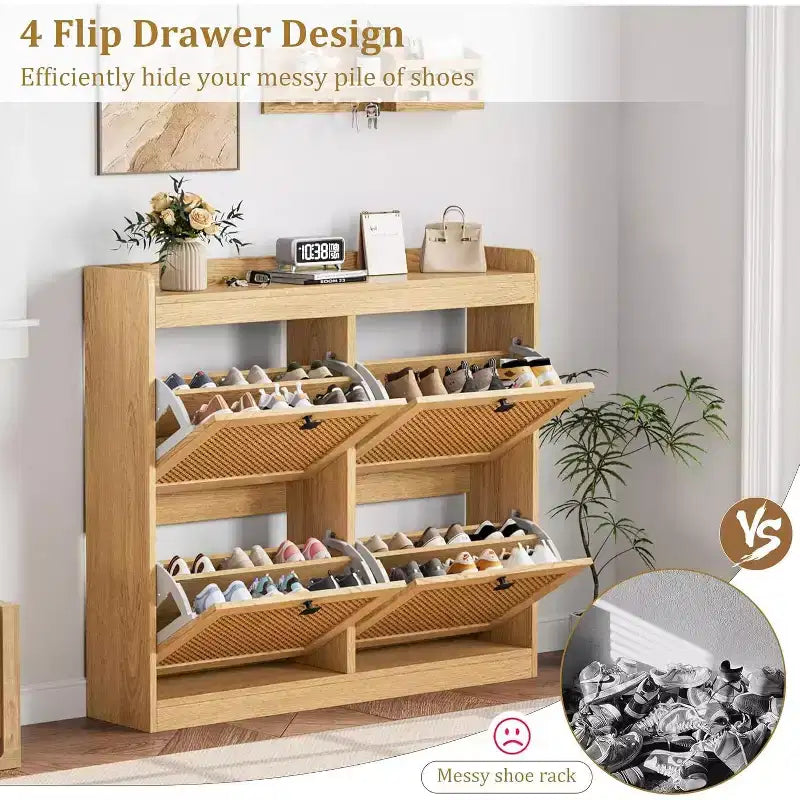 Shoe Cabinet Rattan with 4 Flip Drawers, Wooden Freestanding Shoe Organizer with Adjustable Shelves, Shoe Storage for Entryway, Closet, Hallway