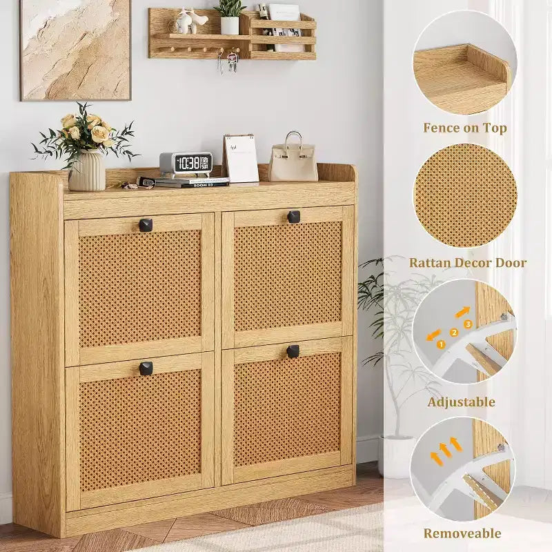 Shoe Cabinet Rattan with 4 Flip Drawers, Wooden Freestanding Shoe Organizer with Adjustable Shelves, Shoe Storage for Entryway, Closet, Hallway