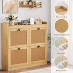 Shoe Cabinet Rattan with 4 Flip Drawers, Wooden Freestanding Shoe Organizer with Adjustable Shelves, Shoe Storage for Entryway, Closet, Hallway