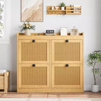 Shoe Cabinet Rattan with 4 Flip Drawers, Wooden Freestanding Shoe Organizer with Adjustable Shelves, Shoe Storage for Entryway, Closet, Hallway