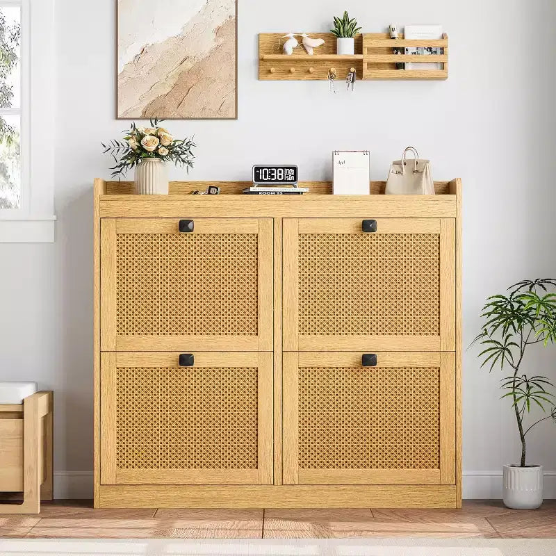 Shoe Cabinet Rattan with 4 Flip Drawers, Wooden Freestanding Shoe Organizer with Adjustable Shelves, Shoe Storage for Entryway, Closet, Hallway
