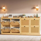Shoe Cabinet Rattan with 4 Flip Drawers, Wooden Freestanding Shoe Organizer with Adjustable Shelves, Shoe Storage for Entryway, Closet, Hallway