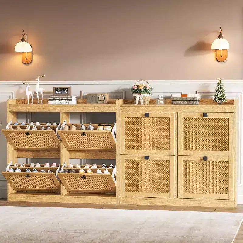 Shoe Cabinet Rattan with 4 Flip Drawers, Wooden Freestanding Shoe Organizer with Adjustable Shelves, Shoe Storage for Entryway, Closet, Hallway