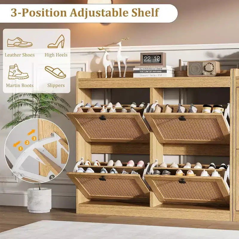 Shoe Cabinet Rattan with 4 Flip Drawers, Wooden Freestanding Shoe Organizer with Adjustable Shelves, Shoe Storage for Entryway, Closet, Hallway