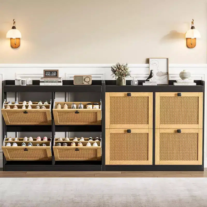 Shoe Cabinet Rattan with 4 Flip Drawers, Wooden Freestanding Shoe Organizer with Adjustable Shelves, Shoe Storage for Entryway, Closet, Hallway