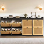 Shoe Cabinet Rattan with 4 Flip Drawers, Wooden Freestanding Shoe Organizer with Adjustable Shelves, Shoe Storage for Entryway, Closet, Hallway