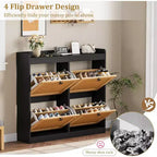 Shoe Cabinet Rattan with 4 Flip Drawers, Wooden Freestanding Shoe Organizer with Adjustable Shelves, Shoe Storage for Entryway, Closet, Hallway