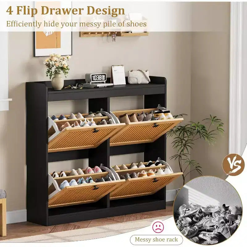 Shoe Cabinet Rattan with 4 Flip Drawers, Wooden Freestanding Shoe Organizer with Adjustable Shelves, Shoe Storage for Entryway, Closet, Hallway