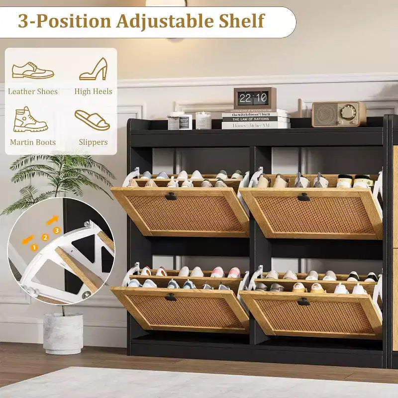 Shoe Cabinet Rattan with 4 Flip Drawers, Wooden Freestanding Shoe Organizer with Adjustable Shelves, Shoe Storage for Entryway, Closet, Hallway