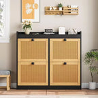 Shoe Cabinet Rattan with 4 Flip Drawers, Wooden Freestanding Shoe Organizer with Adjustable Shelves, Shoe Storage for Entryway, Closet, Hallway