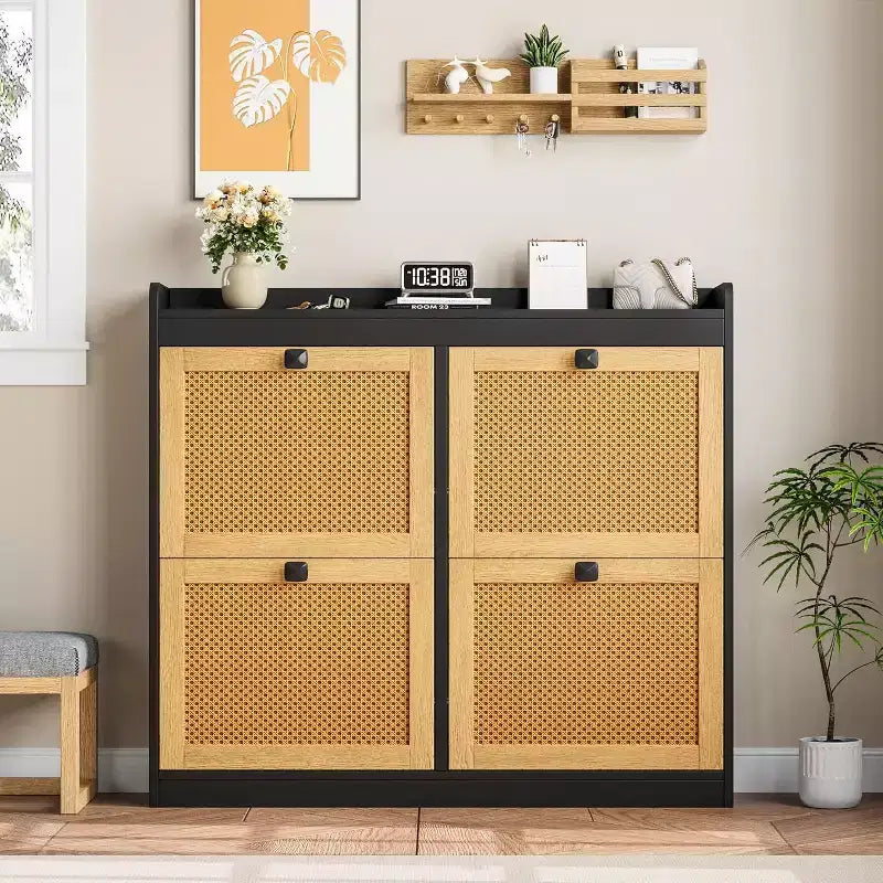 Shoe Cabinet Rattan with 4 Flip Drawers, Wooden Freestanding Shoe Organizer with Adjustable Shelves, Shoe Storage for Entryway, Closet, Hallway