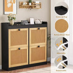 Shoe Cabinet Rattan with 4 Flip Drawers, Wooden Freestanding Shoe Organizer with Adjustable Shelves, Shoe Storage for Entryway, Closet, Hallway