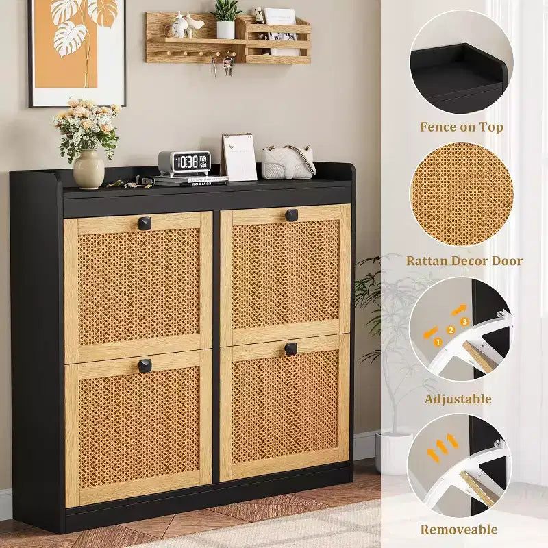 Shoe Cabinet Rattan with 4 Flip Drawers, Wooden Freestanding Shoe Organizer with Adjustable Shelves, Shoe Storage for Entryway, Closet, Hallway