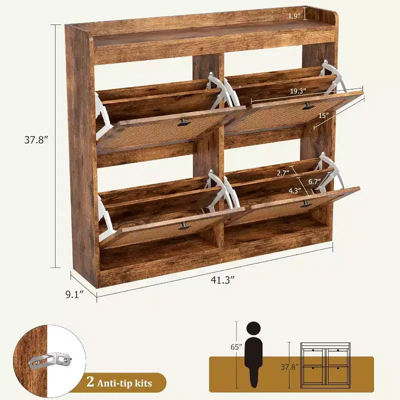 Shoe Cabinet Rattan with 4 Flip Drawers, Wooden Freestanding Shoe Organizer with Adjustable Shelves, Shoe Storage for Entryway, Closet, Hallway
