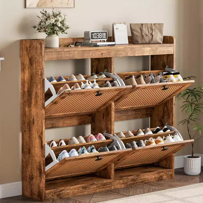 Shoe Cabinet Rattan with 4 Flip Drawers, Wooden Freestanding Shoe Organizer with Adjustable Shelves, Shoe Storage for Entryway, Closet, Hallway