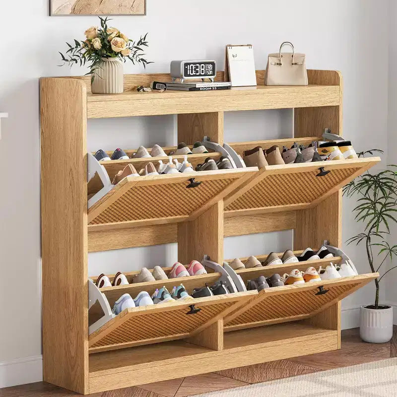 Shoe Cabinet Rattan with 4 Flip Drawers, Wooden Freestanding Shoe Organizer with Adjustable Shelves, Shoe Storage for Entryway, Closet, Hallway