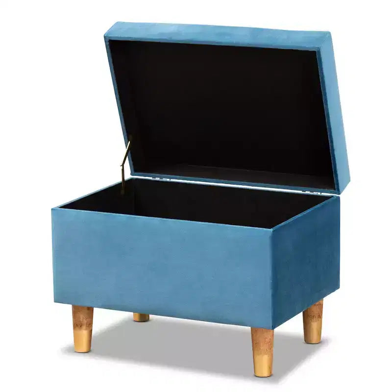 Velvet and Wood Storage Ottoman Blue/Oak: Padded, Rectangular Storage Seat