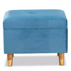 Velvet and Wood Storage Ottoman Blue/Oak: Padded, Rectangular Storage Seat