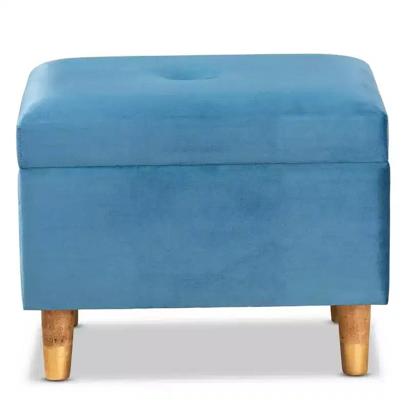 Velvet and Wood Storage Ottoman Blue/Oak: Padded, Rectangular Storage Seat