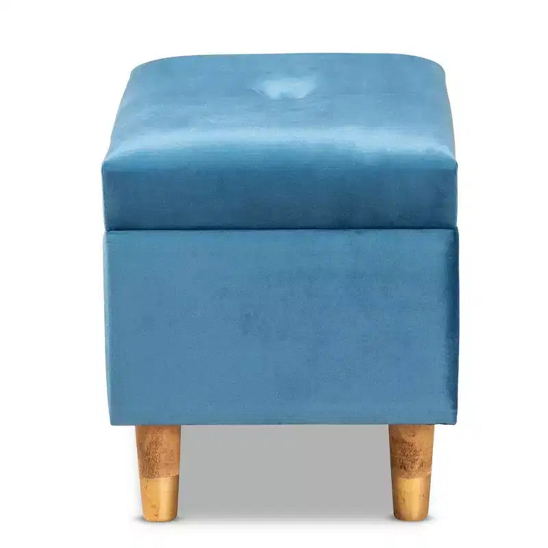 Velvet and Wood Storage Ottoman Blue/Oak: Padded, Rectangular Storage Seat