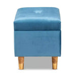 Velvet and Wood Storage Ottoman Blue/Oak: Padded, Rectangular Storage Seat