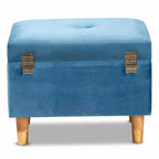 Velvet and Wood Storage Ottoman Blue/Oak: Padded, Rectangular Storage Seat