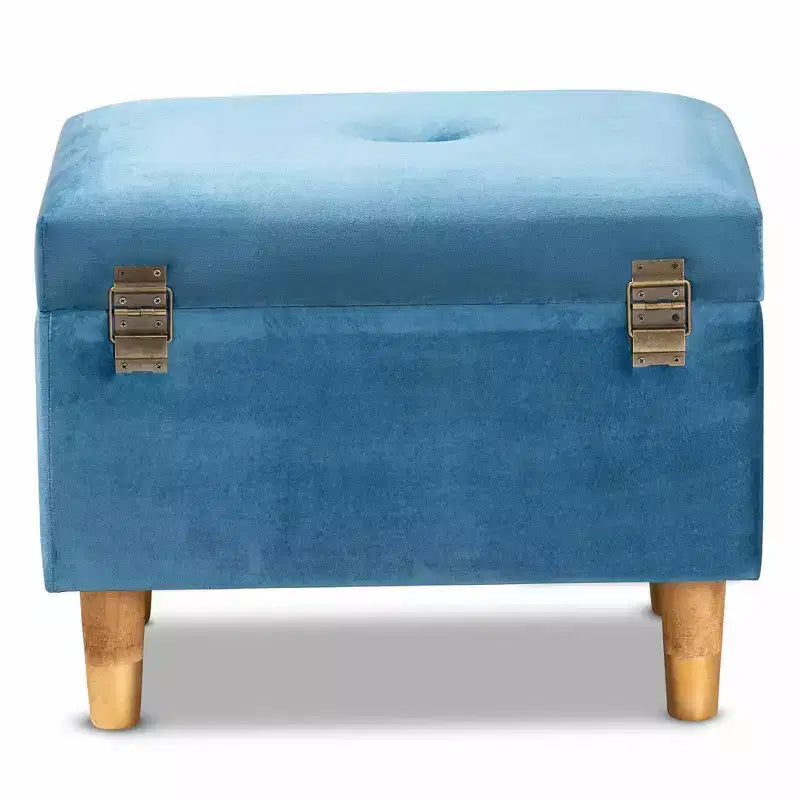 Velvet and Wood Storage Ottoman Blue/Oak: Padded, Rectangular Storage Seat